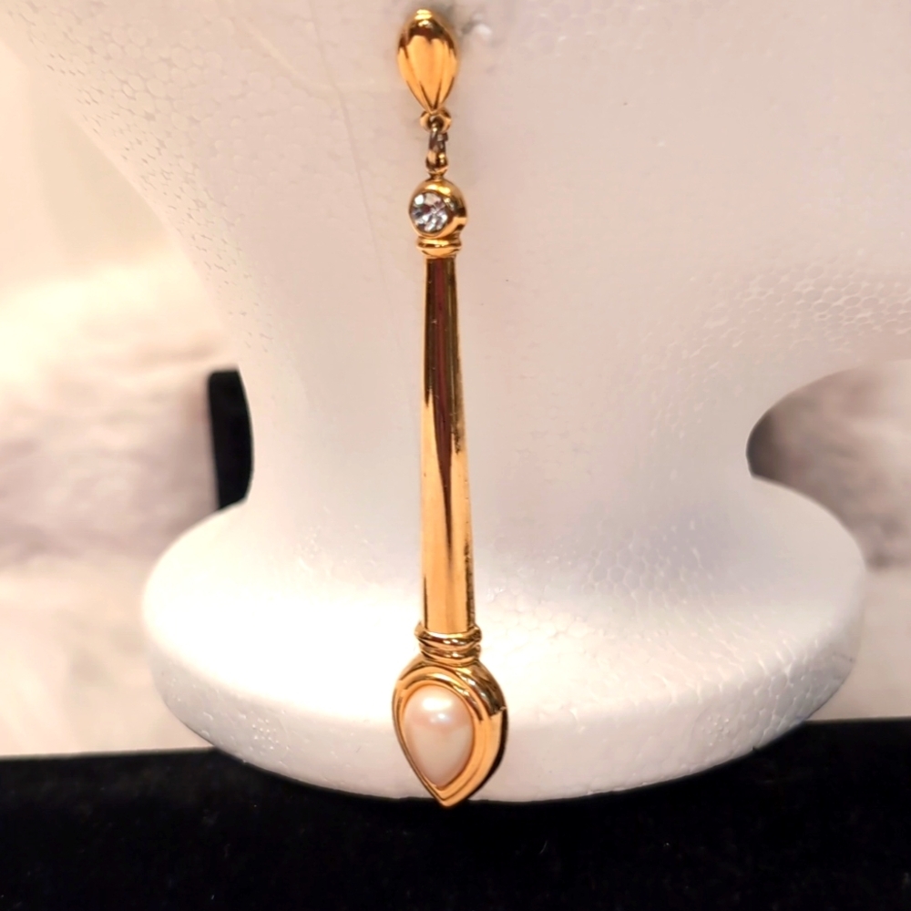 Vintage Gold Toned Long Drop Stud Earrings With Faux Pearl